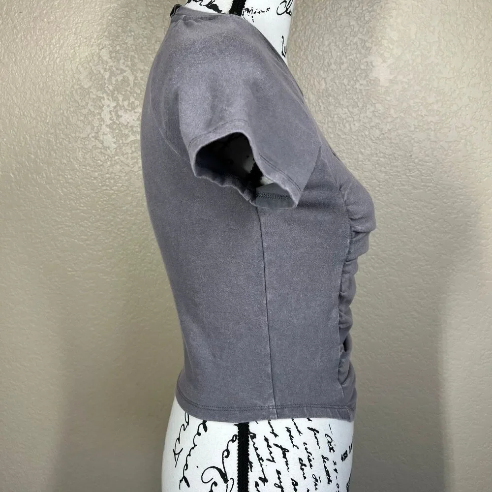 Just Polly Grey Crew neck Ruched-Front Baby Tee T-Shirt size M  Brooklyn casual